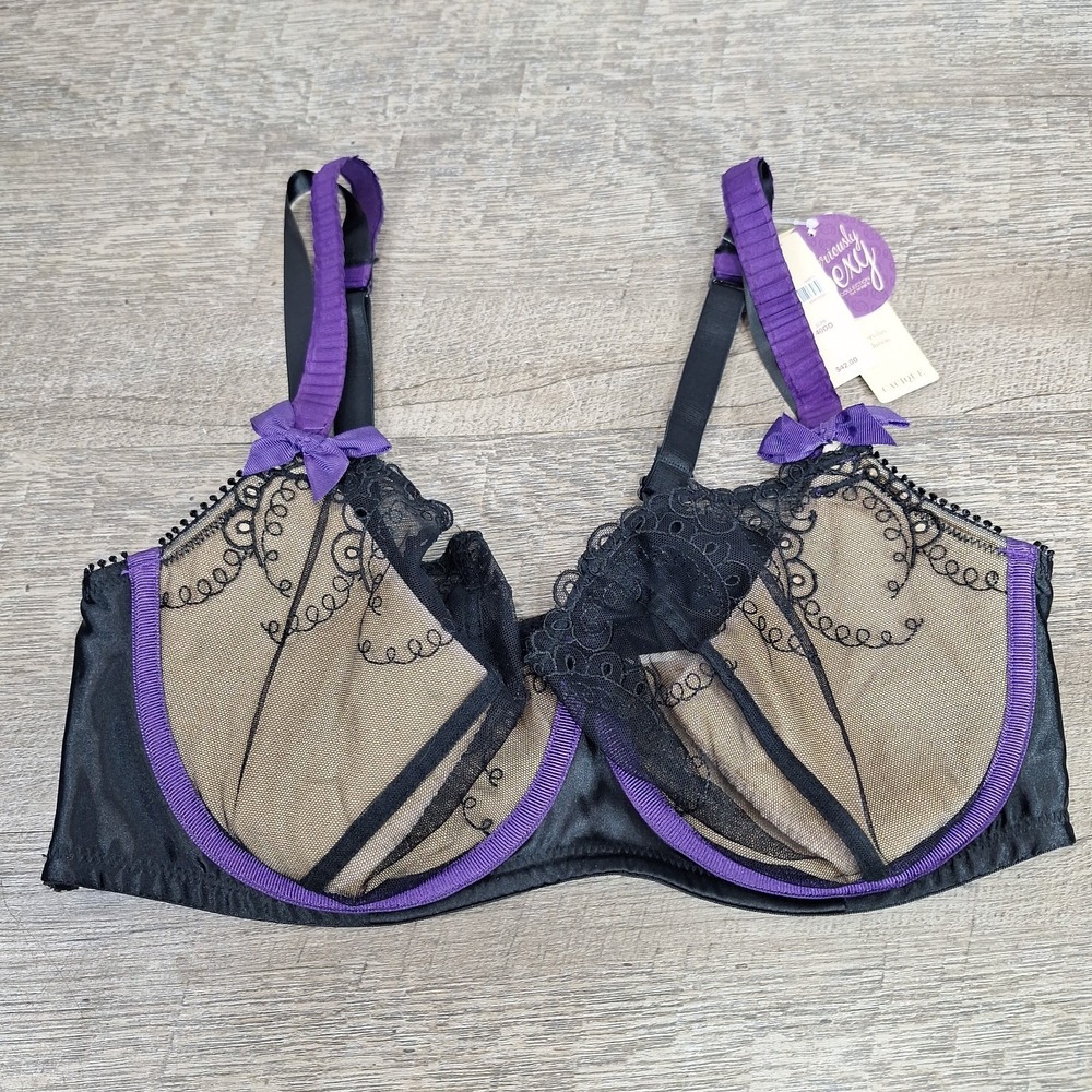 New Cacique 40DD Seriously Sexy Quarter Cup Black Lace Purple Trim